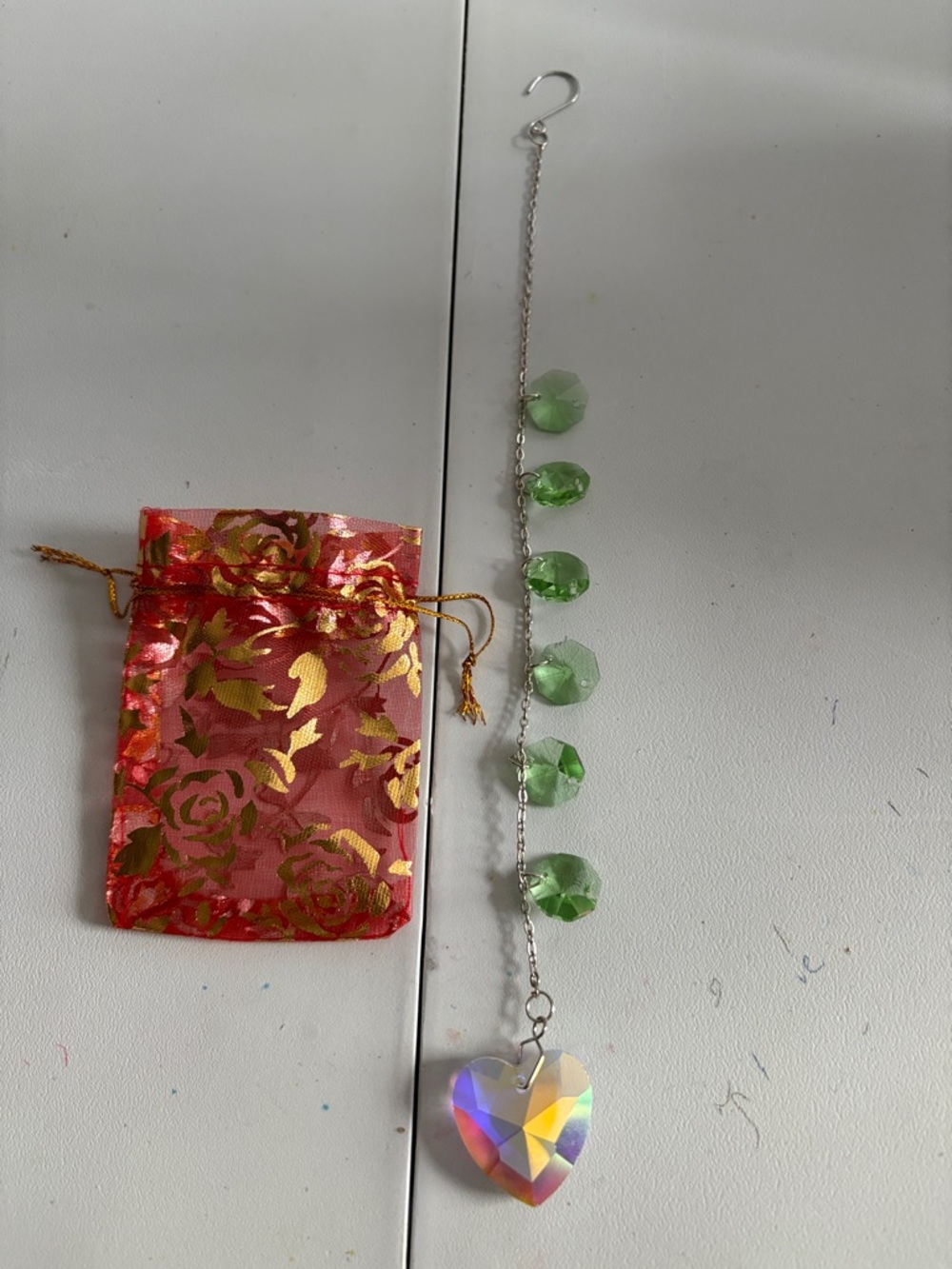 Hand Crafted Iridescent Heart Suncatcher with Green Beads